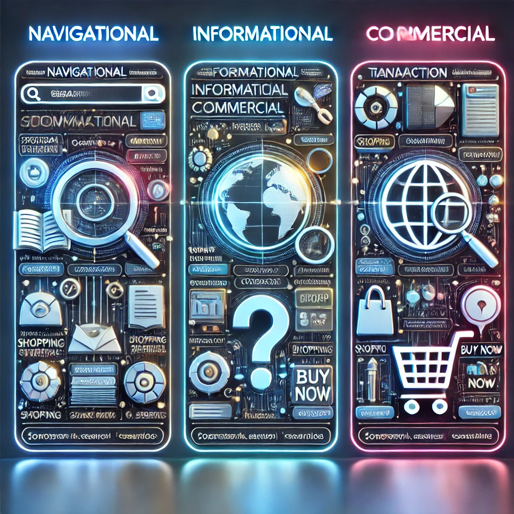 რა არის საძიებო სისტემა? 5 DALL·E 2024 09 10 18.22.09 A visual representation of different types of search queries navigational informational commercial and transactional. Each type is depicted as a s